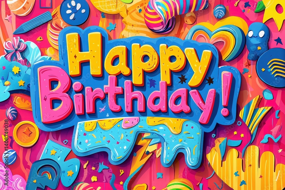 Vibrant decorations fill the background with a cheerful birthday message. Sweets, colors, and playful designs create a festive atmosphere perfect for a joyous occasion.