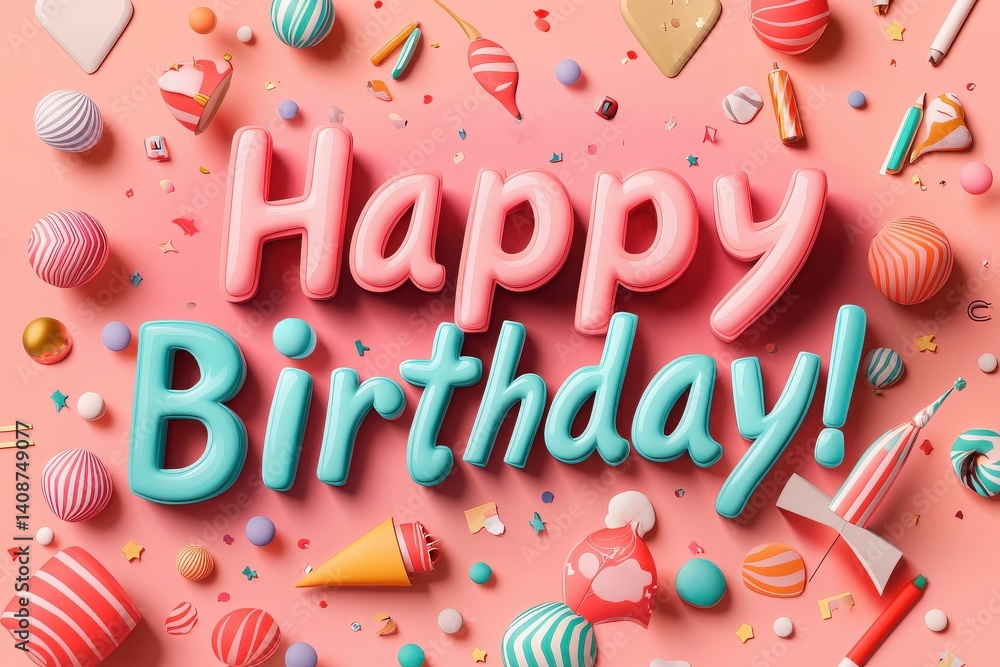 Brightly colored birthday elements scattered across a pink surface include candies, cake decorations, and a cheerful message. Various shapes create a festive atmosphere perfect for celebration.
