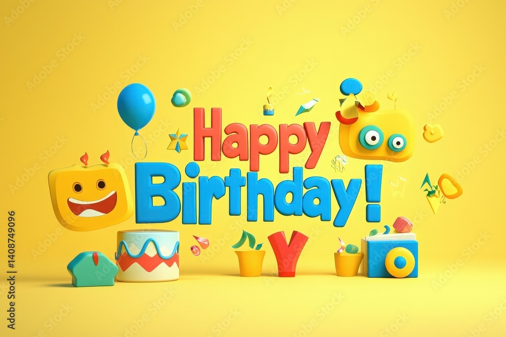 Vibrant decorations convey a festive birthday atmosphere with cheerful shapes, a bright yellow background, and playful elements like balloons, hats, and colorful letters promoting joy and celebration.