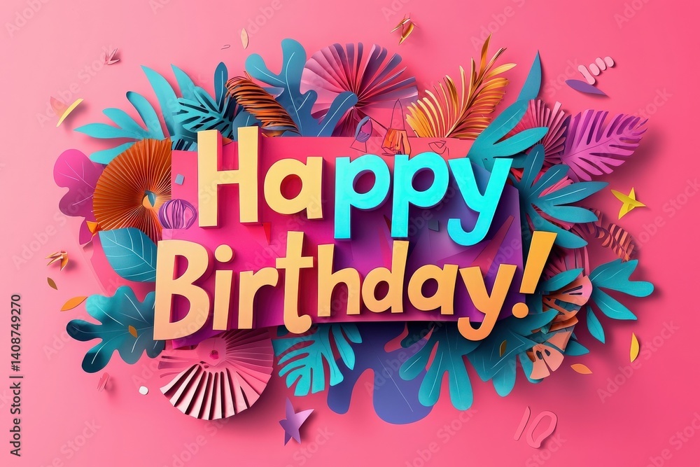 A festive display featuring a stylish Happy Birthday message surrounded by tropical leaves and playful decorations. The bright colors create a lively and joyful atmosphere for the celebration.