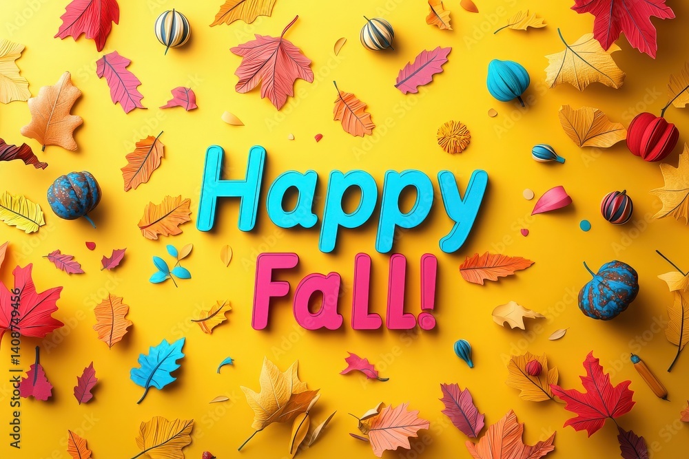 Vibrant autumn leaves and decorative pieces spread across a yellow surface create a cheerful atmosphere. The bold text Happy Fall! adds a festive touch to this seasonal display.