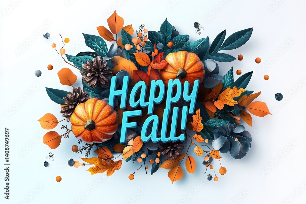 Bright and colorful fall arrangement showcases pumpkins, leaves, and pinecones, celebrating the autumn season with a joyful greeting. The composition features warm tones and a festive atmosphere.