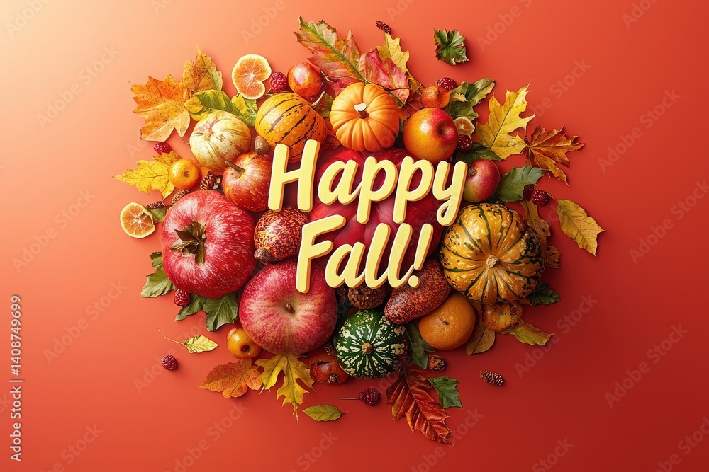 A vibrant display of assorted autumn fruits including apples, pumpkins, and gourds, surrounded by colorful leaves and adorned with the festive message Happy Fall in bold lettering.