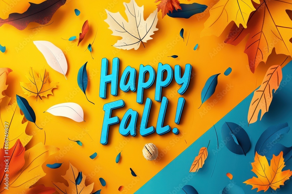Vibrant fall-themed arrangement features orange and blue backgrounds with assorted leaves and a joyful greeting expressing happiness for the autumn season.