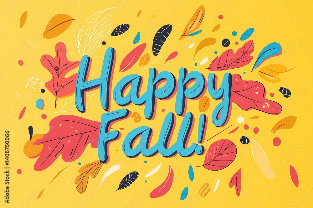Bright yellow background features the cheerful text Happy Fall surrounded by colorful leaves in red, orange, and blue. The lively design evokes the joy and warmth of the autumn season.