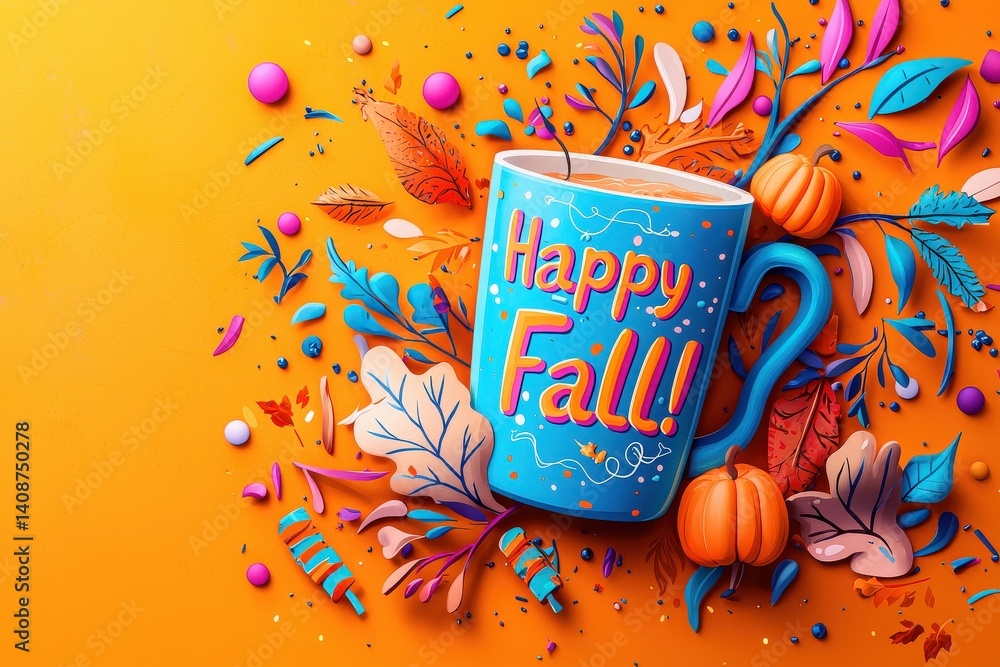 A blue mug with the words Happy Fall is surrounded by colorful autumn leaves, pumpkins, and playful decorations. The warm orange background enhances the cheerful fall theme.