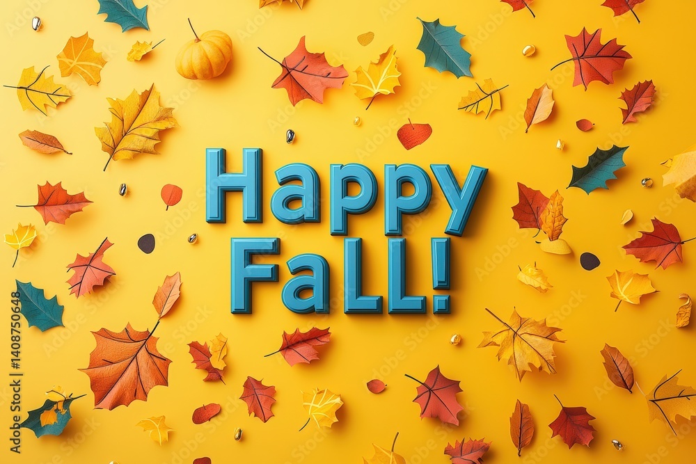 A vibrant yellow background features the words Happy Fall in bold blue letters surrounded by various autumn leaves, a small pumpkin, and nuts, creating a festive autumn atmosphere.