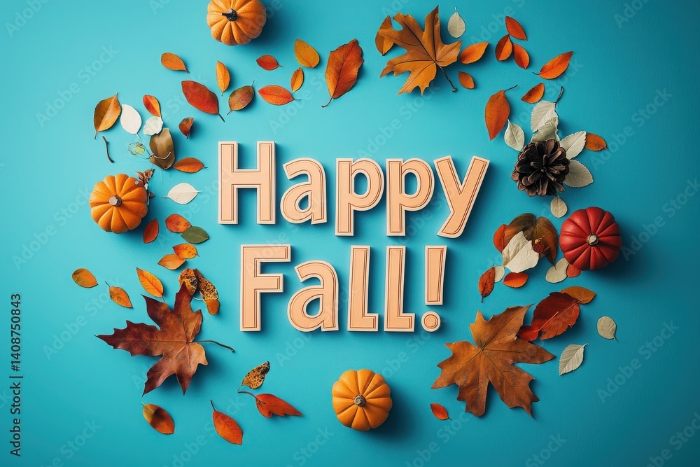 Colorful autumn leaves surround a cheerful message wishing everyone a happy fall. Small pumpkins and pinecones add to the seasonal decor, creating a festive atmosphere on a blue background.