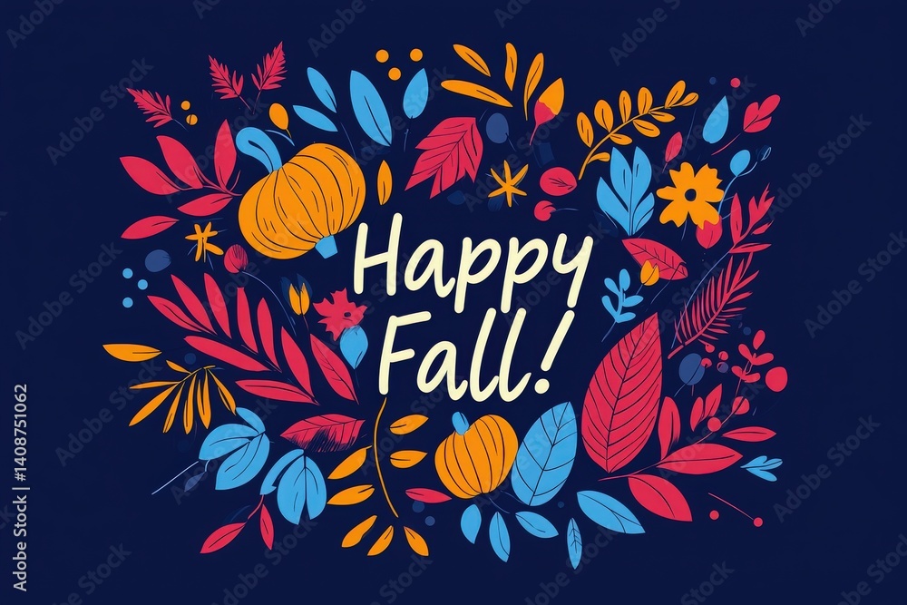 A vibrant assortment of autumn leaves and pumpkins in shades of orange, blue, and yellow surrounds the cheerful text wishing a happy fall. The background is dark, enhancing the colors.