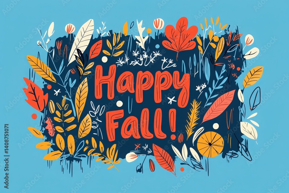 Colorful leaves in warm hues fill the background, creating a lively atmosphere. The text conveys a joyful greeting for fall, capturing the essence of the season with a playful design.
