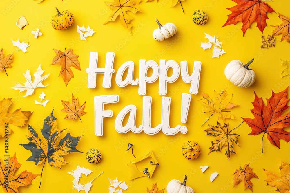 Bright yellow background adorned with autumn leaves, mini pumpkins, and a playful greeting. The scene captures the essence of the fall season with its colorful elements and festive spirit.