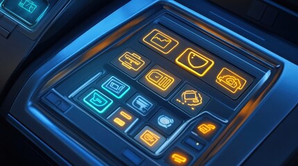 Futuristic user interface with glowing interactive display buttons shown