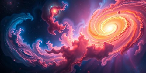 Wall Mural - Abstract nebula swirls, vibrant cosmic dust clouds, glowing celestial bodies, distant galaxies , celestial, exploration