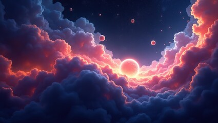 A colorful space scene with a yellow planet and many other planets
