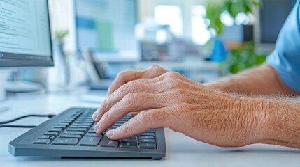 Wall Mural - Coding Workflow: A focused individual meticulously types on a keyboard. The scene is a modern workspace.