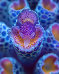 Vibrant close-up of a unique purple and blue flower with intricate details, showcasing its delicate texture and captivating color contrast.  Ideal for scientific, artistic, or design projects.