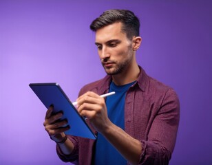 A creative male UX UI Designer in casual attire, sketching wireframes on a tablet with a stylus. Solid purple background