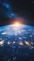 Wall Mural - a blue planet shows lights at night with star filled sky