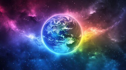 Wall Mural - a vibrant earth displays in a colorful nebula background of space