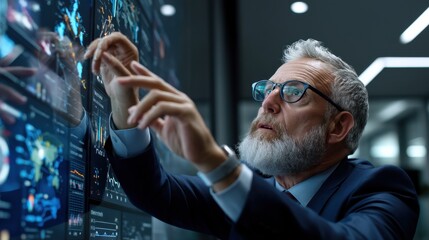 Poster - A man in a suit is looking at a computer screen with a lot of data on it