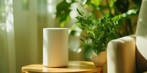 Aufkleber - Minimalist Wellness Sanctuary Biophilic Living Space with Ceramic Diffuser and Verdant Botanical - Serene Urban Self-Care Aesthetic for Mindful Interiors
