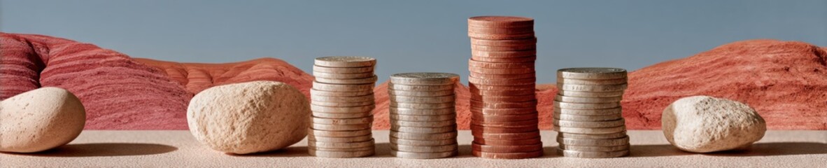 Poster - Financial Zen Minimalist Coin Stacking Reveals Strategic Wealth Management - Balanced Investment Architecture for Digital Age Portfolios