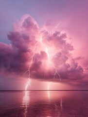 Fototapete - Ethereal Thunderstorm Visualisation Cinematic Climate Tech of Atmospheric Energy Discharge with Mesmerizing Pink-Hued Lightning Landscape for Weather Forecasting and Digital Media