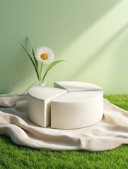 Poster - Minimalist Zen Geometry Soft White Sculptural Podiums with Chamomile Accent - Serene Product Display Showcasing Organic Wellness Aesthetic
