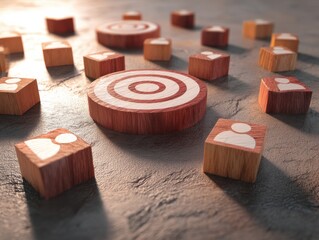Poster - Strategic Precision Minimal Wooden Blocks Visualizing Customer-Centric Business Analytics with Adaptive Target Mapping and Modular Design Innovation