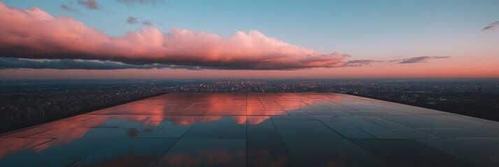 Poster - Liminal Urban Horizon Ethereal Sunset Cityscape Revealing Infinite Spatial Boundaries and Reflective Metropolitan Tranquility in  Panoramic Visualization