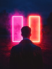 Fototapete - Retro Synthwave Digital Transformation Immersive Gen Z Tech Vision with Neon Portals of Innovation and Future Career Possibilities