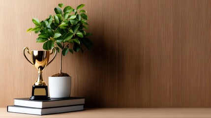 Poster - A plant sits on a table next to a trophy and a book