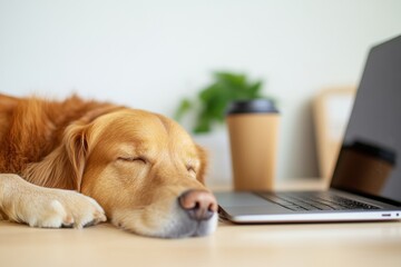 Leinwandbilder - Mindful Remote Work Harmony Golden Retriever Napping Beside Laptop in Minimalist Home Office - Wellness-Driven Productivity and Pet-Positive Digital Workspace