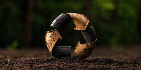 Poster - Circular Economy Storytelling Rustic Recycling Symbol with Metallic Texture Emerging from Organic Soil - Sustainable Design Narrative for Environmental Branding