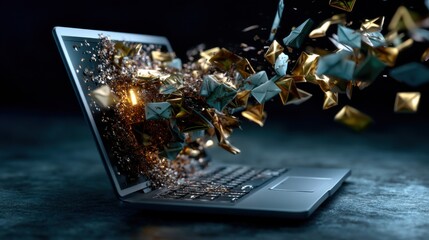 Fototapete - A laptop is shown with a lot of gold and silver debris coming out of it