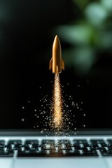 Poster - Quantum Leap Digital Transformation Metallic Rocket Launch from Laptop Visualizing Disruptive Tech Innovation, AI-Powered Business Acceleration