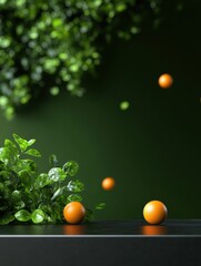 Poster - Minimalist Nature Dynamics Floating Citrus Spheres in Emerald Green Composition - Innovative Visual Metaphor for Balance, Movement, and Organic Design Strategy
