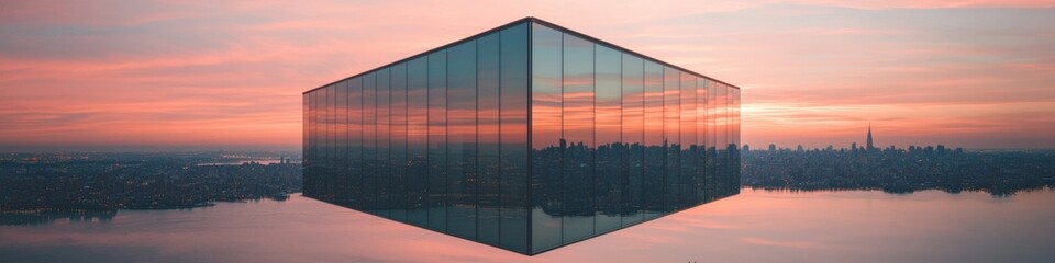 Aufkleber - Immersive Urban Reflections Architectural Glass Pavilion Capturing Sunset Skyline - Innovative Design Bridging Landscape, Technology, and Spatial Perception