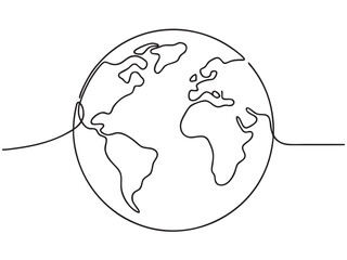 Wall Mural - continuous one line art drawing of earth planet, globe, geography vector outline, single line illust