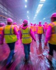 Fototapete - Neon Industrial Pulse High-Visibility Safety Workwear in Hyper-Chromatic Motion - Next-Gen Workplace Diversity and Dynamic Risk Management Visualization