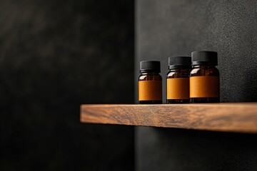 Fototapete - Minimalist Pharmaceutical Innovation Dark Mood Amber Supplement Bottles on Rustic Wood Shelf - Wellness Technology and Nutraceutical Branding Visual