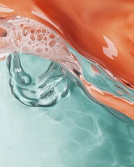 Fototapete - Fluid Dynamics Immersive Liquid Texture Exploration - Sensory Design Innovation in Transparent Coral and Ocean Teal Abstract Visualization