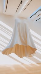 Poster - Ethereal Minimalist Fabric Sculpture Soft Light Draped Textile Installation Exploring Spatial Dynamics, Texture, and Architectural Soft Form Design
