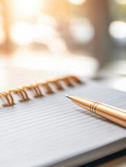 Leinwandbilder - Minimalist Productivity Essentials Sleek Gold Pen and Wire-Bound Notebook Capturing Modern Workspace Efficiency and Creative Professional Workflow Inspiration