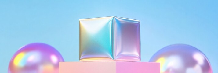 Poster - Holographic Minimal Design Iridescent Geometric Shapes Showcasing Futuristic Branding and Digital Aesthetics for Creative Marketing Visuals