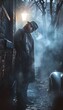 © cynz - A noir detective leans against his classic car in a foggy alley, his cigarette ember the only light in the mist-filled night