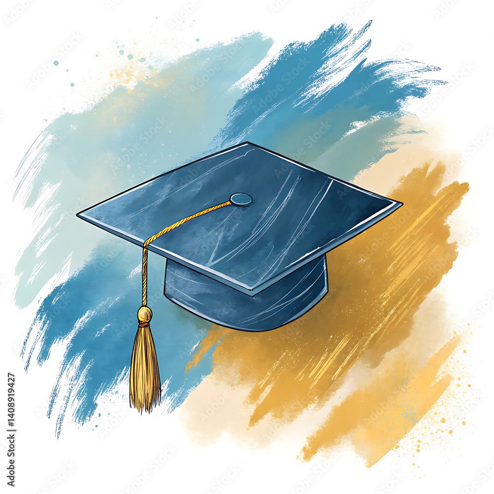 Graduate Visual Celebration Event Clipart of Graduation Cap Against Painterly Blue and ...