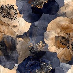 Wall Mural - Summer seamless pattern of Elegant floral pattern with outlined flowers soft watercolor tones