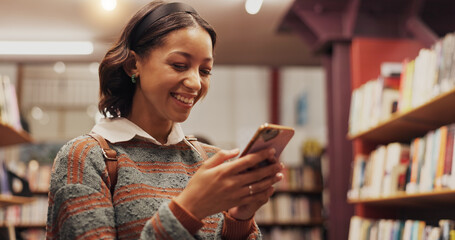 Poster - Education, phone and student woman in library to search for books or study material. App, learning and social media with smile of happy person on college or university campus for school scholarship