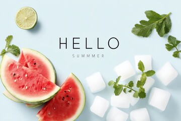 Wall Mural - A fresh watermelon sits alongside ice cubes on a vibrant blue surface, Hello Summer background.